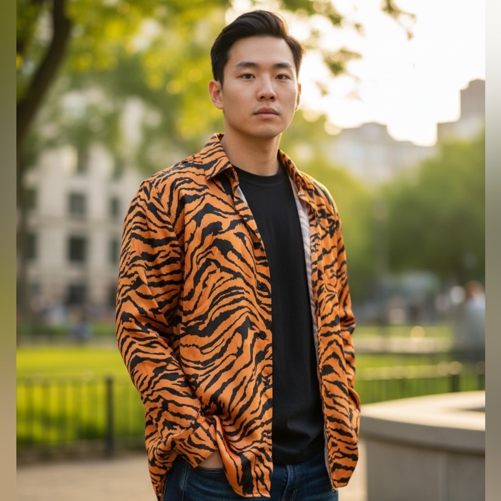 Modern Hero Tiger Print Button Up Shirt Orange Black Statement Top large